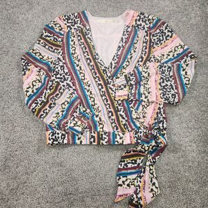 Marie Oliver Top Womens Small Silk Blouse‎ Floral Striped Faux Wrap Boho Tie Bow